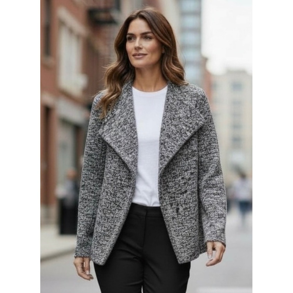 ANN TAYLOR Tweed Knit Collarless Open Front Blazer Jacket Womens Size L Black